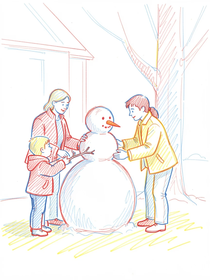 A family building a snowman together in their front yard