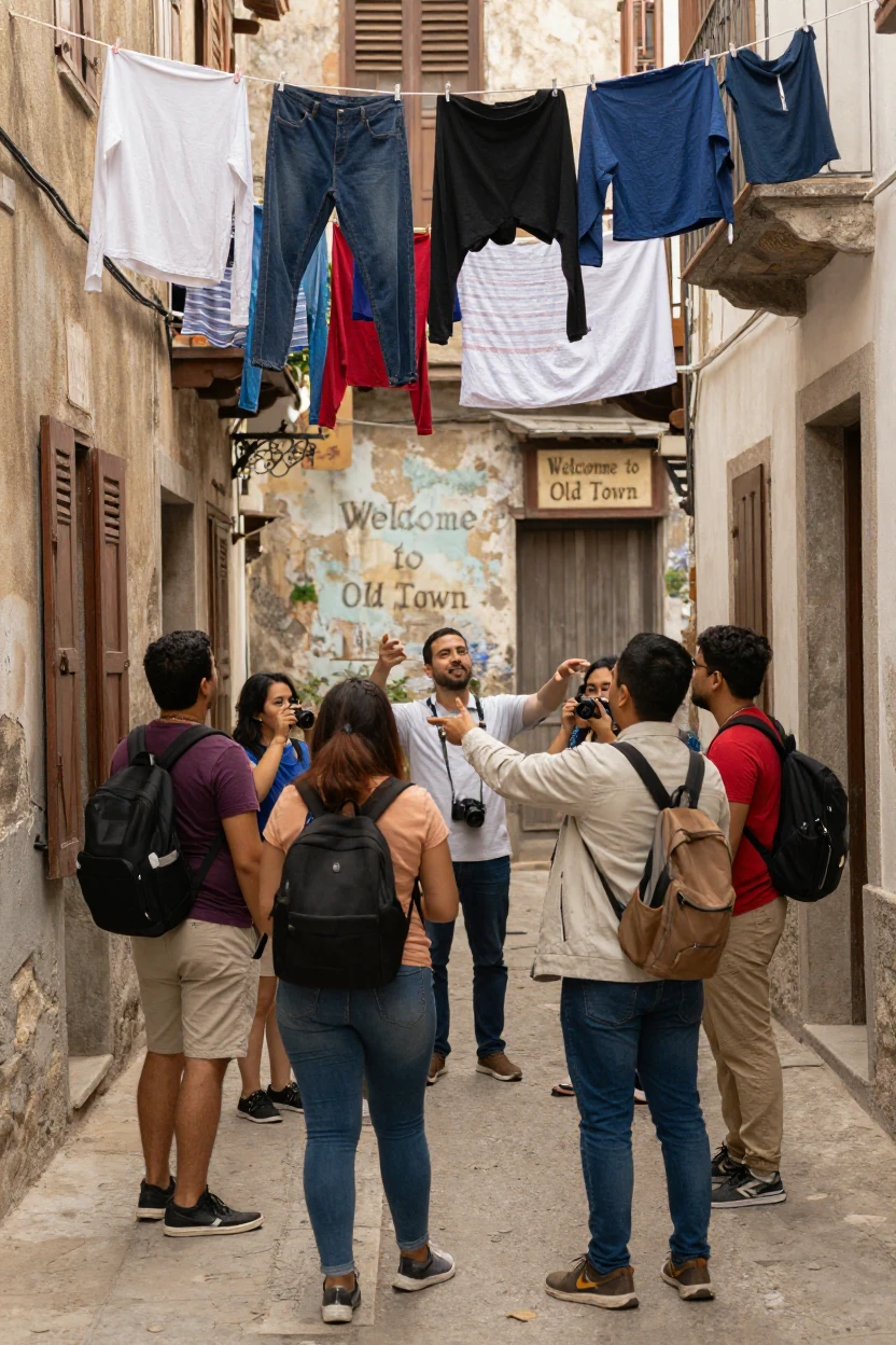 A local guide leads a small group through a narrow alley strung with laundry lines overhead.