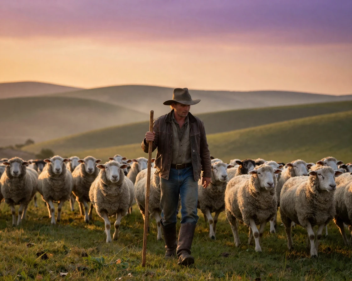 A shepherd guiding his flock of sheep across rolling green hills at dusk