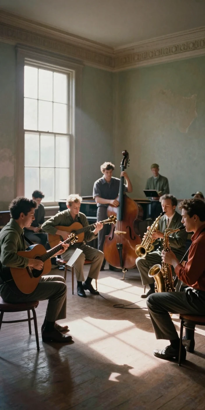 A group of musicians rehearsing in a sunlit rehearsal hall, in low lamplight, on a clear, cloudless day, in early spring, with muted olive and rust colors, from a wide establishing view.