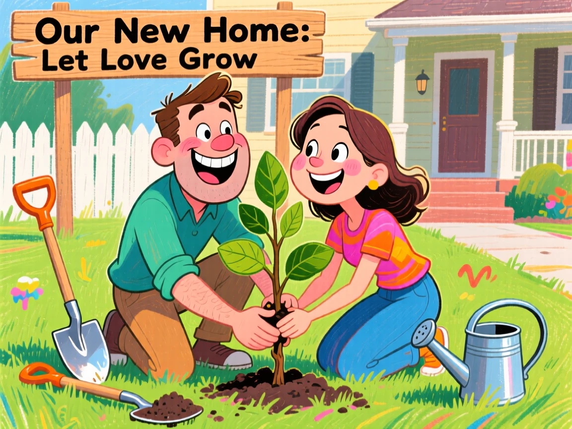 A couple planting a tree together to commemorate their new home.