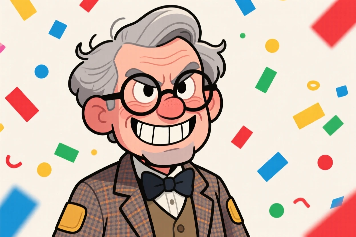 A charming portrait of a serious professor, flashing a gap-toothed grin, with confetti fluttering in the air around them.