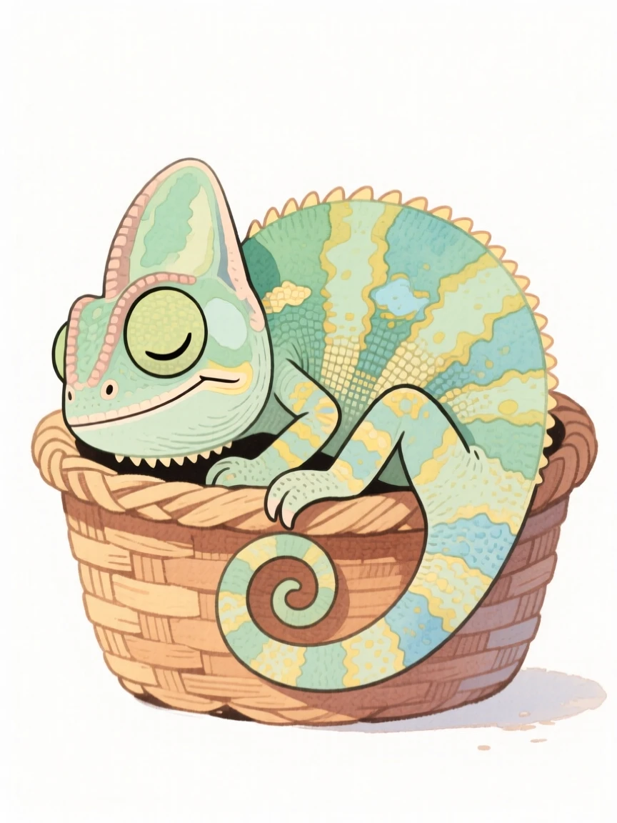 A chameleon curled up asleep in a cozy basket