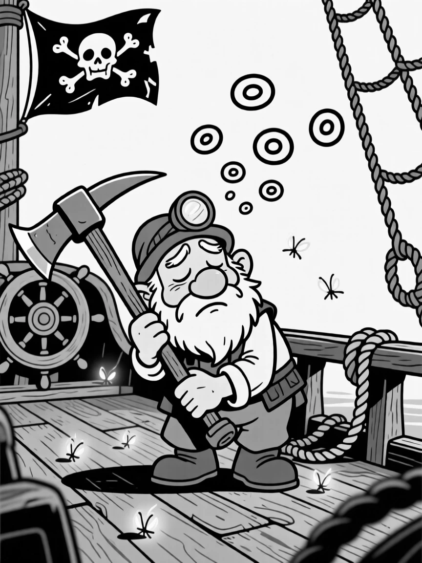 A sleepy dwarf miner leaning on an oversized pickaxe, flying loops around its master's head in protest, set aboard a creaky wooden pirate ship. Fireflies swirl in lazy spirals nearby. The image invites you to imagine the tale behind the mishap.