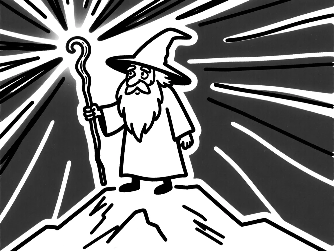 A wise old wizard with a long beard, staff glowing, standing atop a mountain.