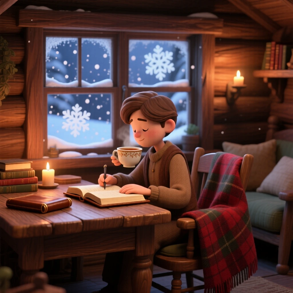 A writer sipping tea at a wooden desk sits inside a cabin during a snowstorm, writing softly in a leather journal. A gentle nostalgia and calm settle over the scene, with a plaid blanket draped over a chair.