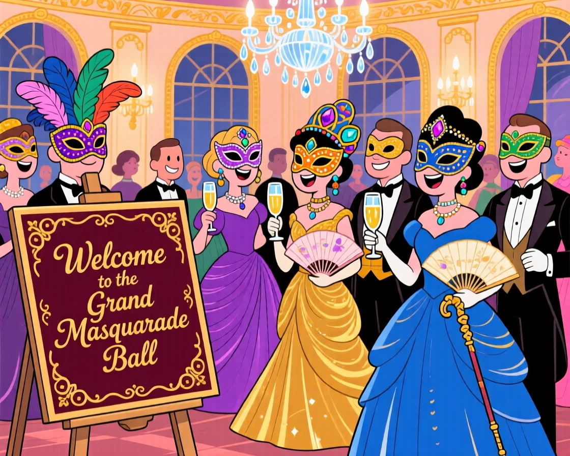 A masquerade ball with guests in elegant masks and gowns.
