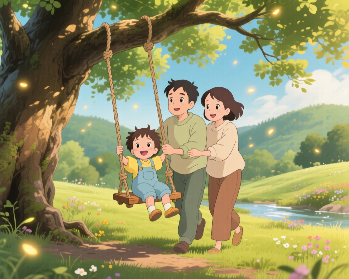 Parents pushing their child on a rope swing beneath an old tree, the scene peacefully content.