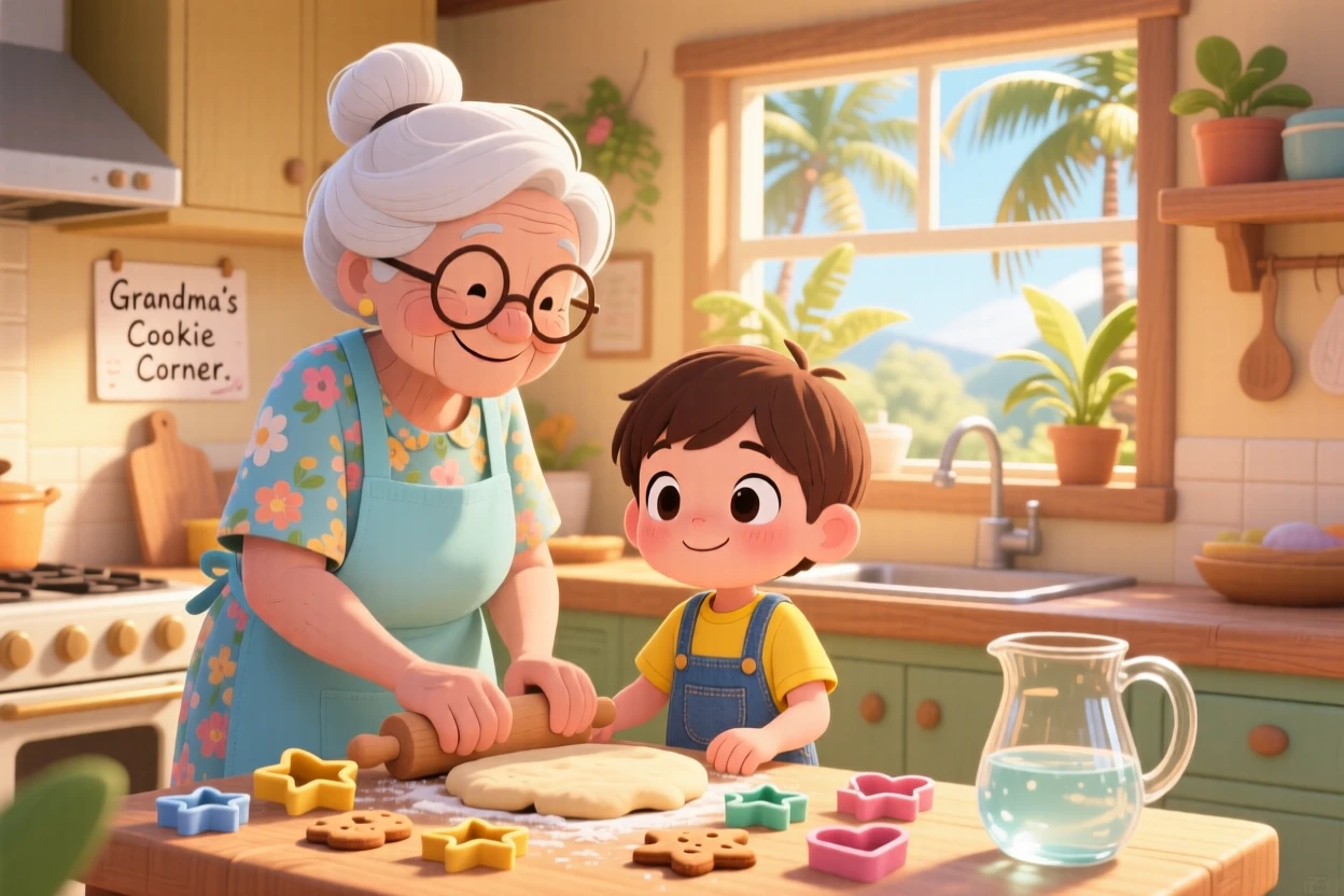 A grandmother and child baking cookies together in a warmly lit kitchen on a warm tropical afternoon; shimmering reflected light off water washes over the scene as wide-eyed wonder fills the moment. Wide establishing shot.