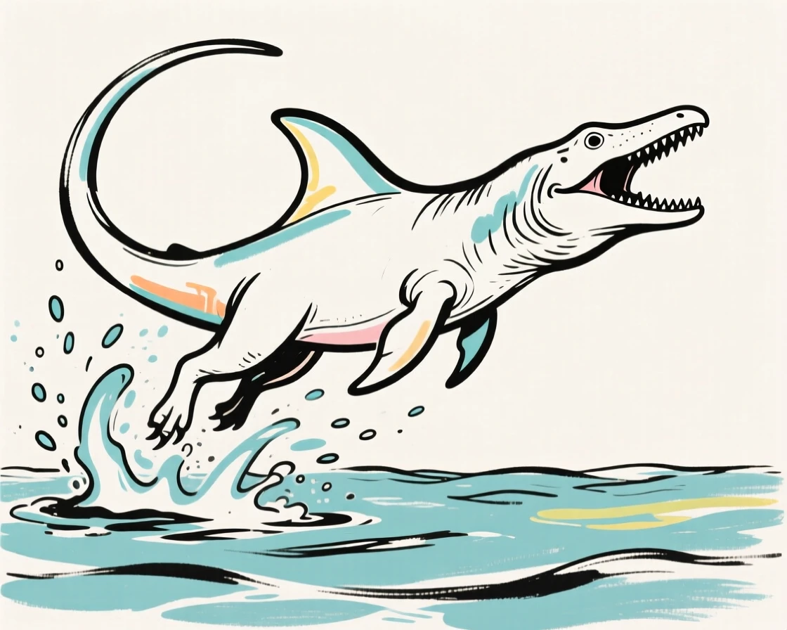 A Mosasaurus breaching the surface of a prehistoric ocean.