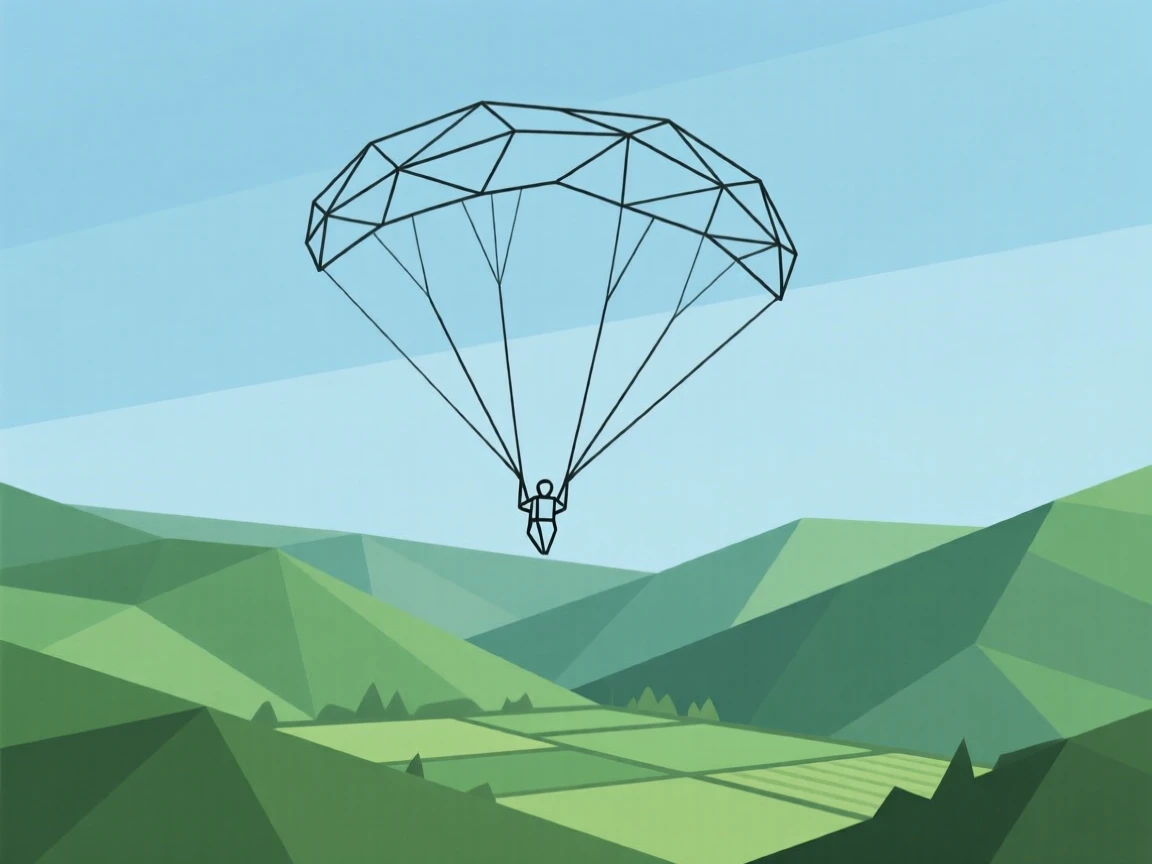 A paraglider soaring above a green valley