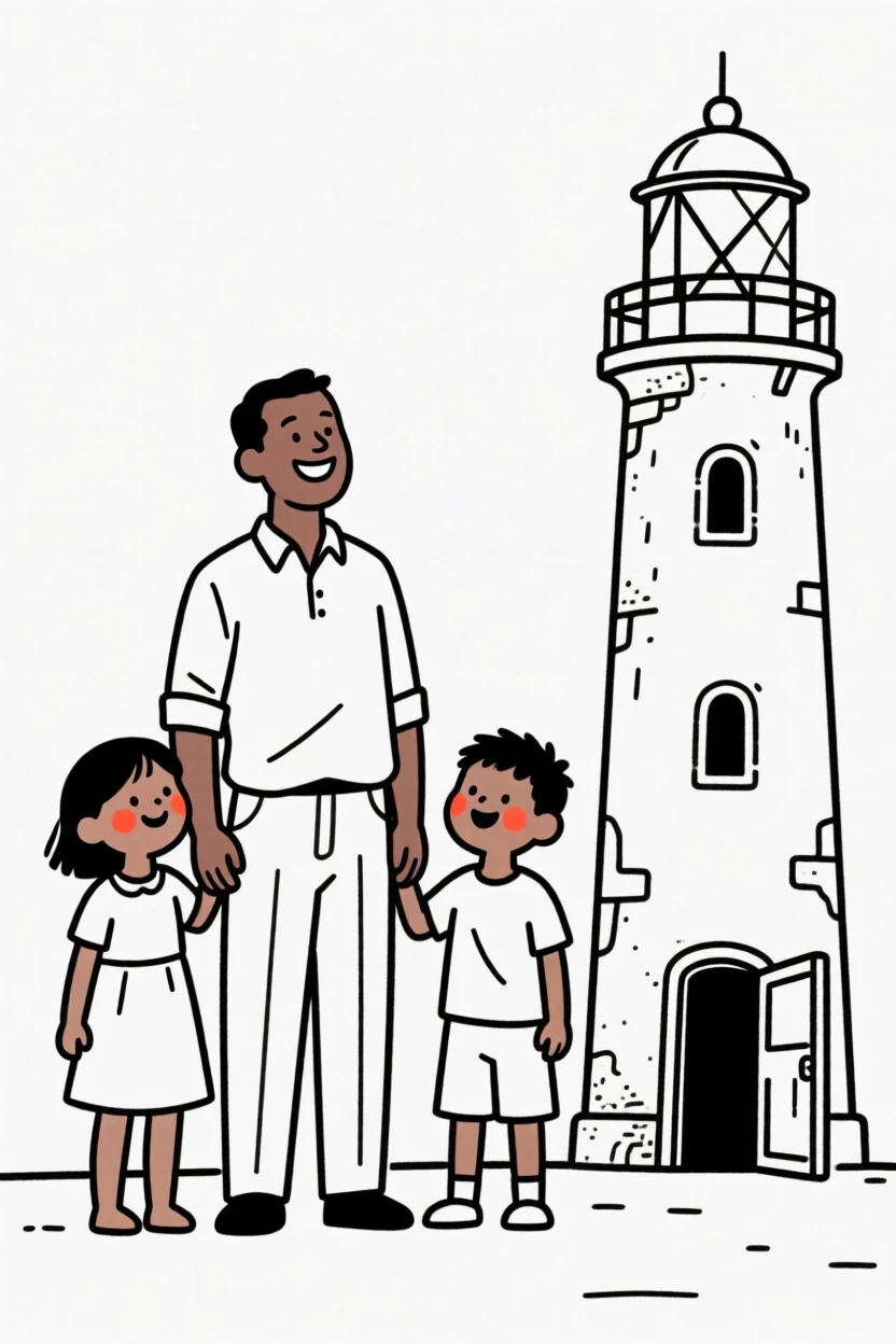 A father and his children of Ethiopian heritage celebrating a housewarming, beside an old lighthouse.