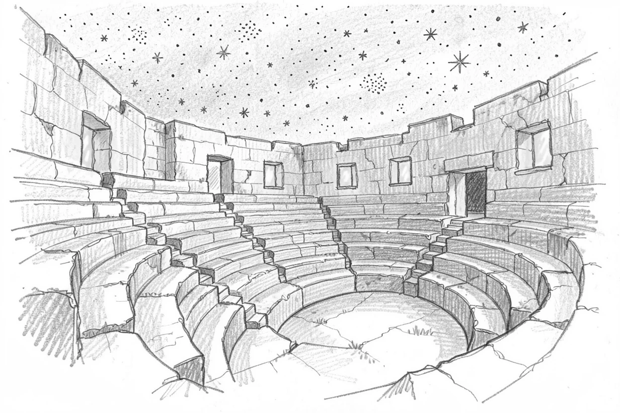 A stunning view of an ancient stone amphitheater under a starlit sky, with warm light spilling from every window.