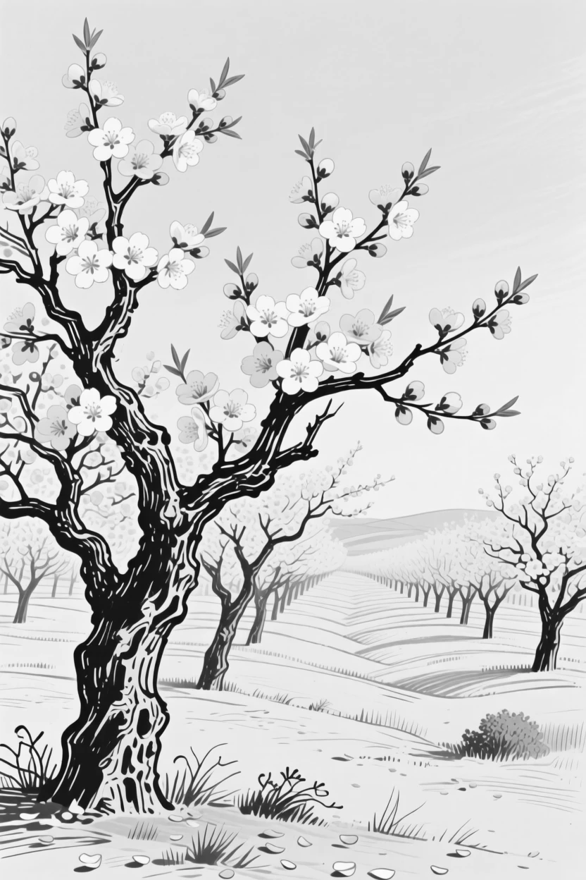 A blooming almond orchard with delicate pink and white blossoms.