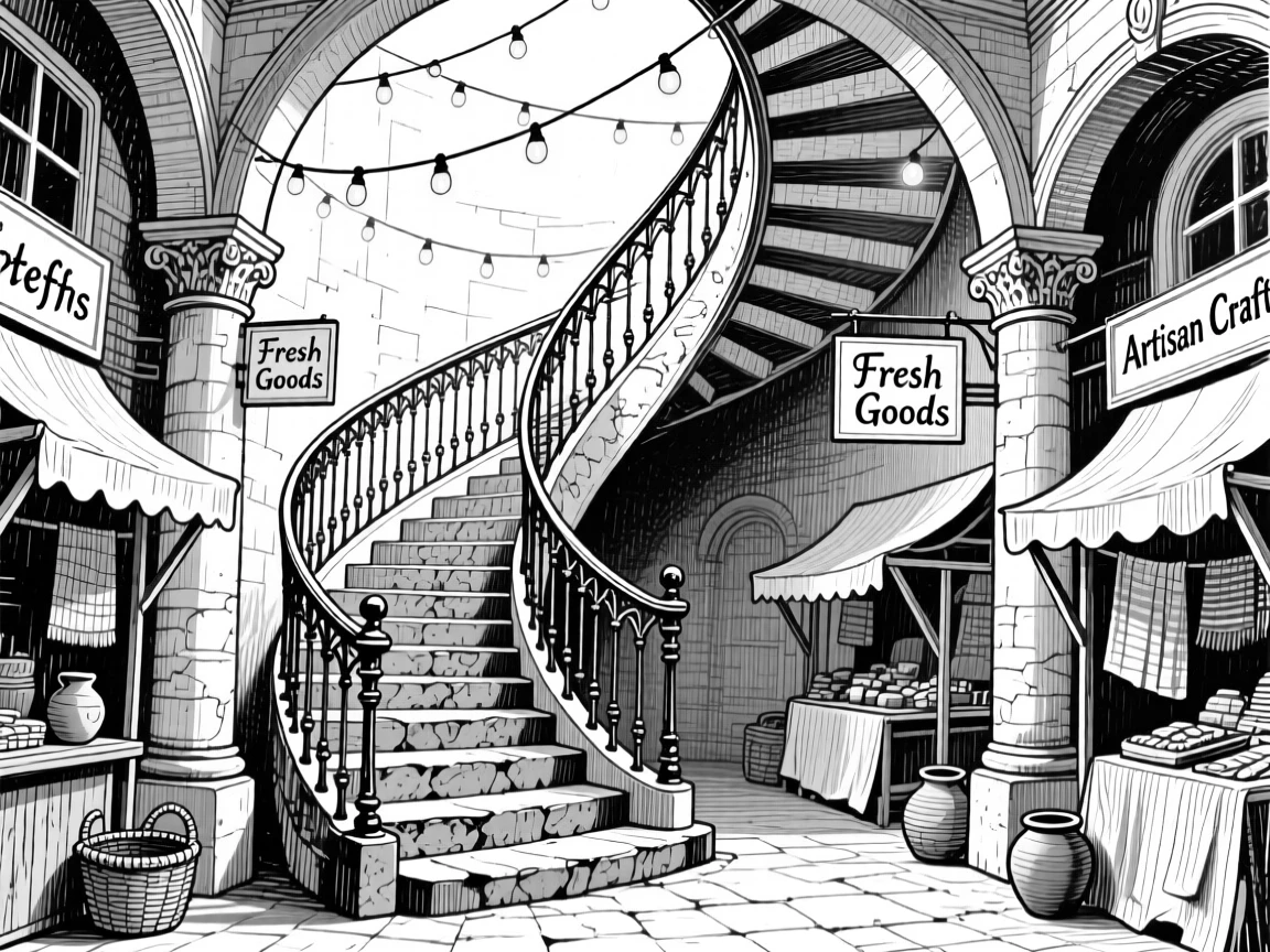 A sweeping spiral staircase beneath strings of hanging lights, featuring market stalls tucked into the corners, rendered in a timeless and grand architectural composition.
