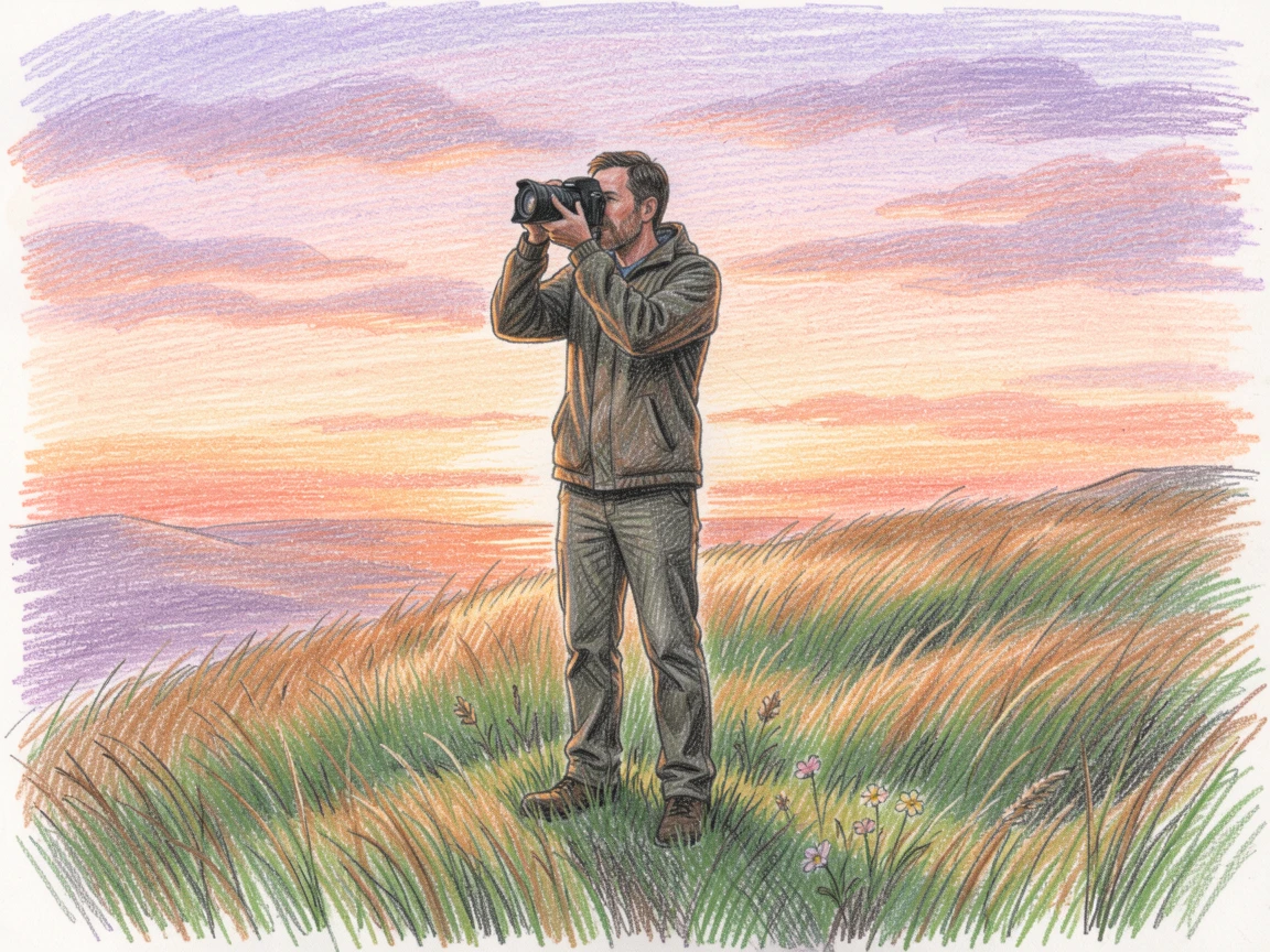 A photographer capturing a sunset from a quiet hilltop, with warm natural light filling the scene, celebrating the quiet joy of craftsmanship and passion.