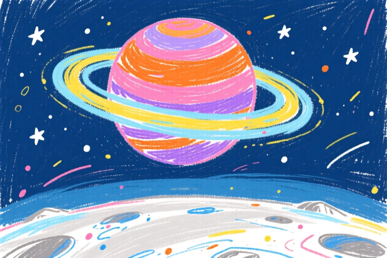 A ringed planet rising over the horizon of a distant moon.