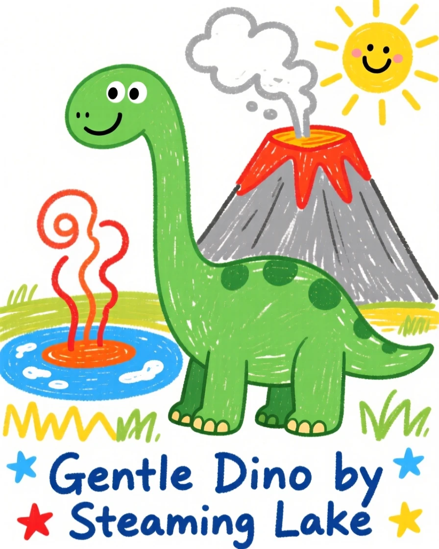 A gentle long-necked brontosaurus beside a steaming volcanic lake.