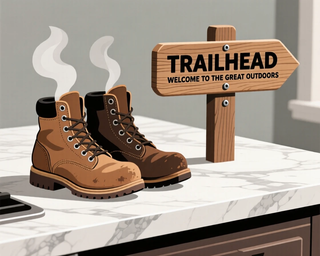 A pair of hiking boots resting beside a trailhead sign, arranged on a marble countertop with clean lines, captured from a comfortable eye-level perspective, with subtle steam rising to add a warm, lived-in feel.