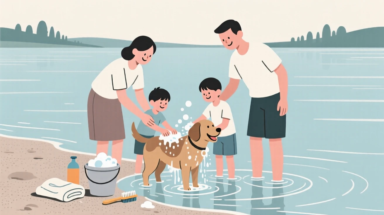A family washing the dog together by the lake.