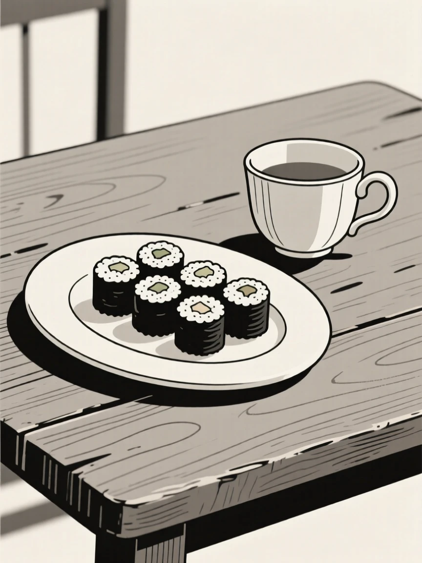A close-up of plate of sushi rolls arranged beside a vintage teacup in a rustic wooden table, full of simple satisfaction.