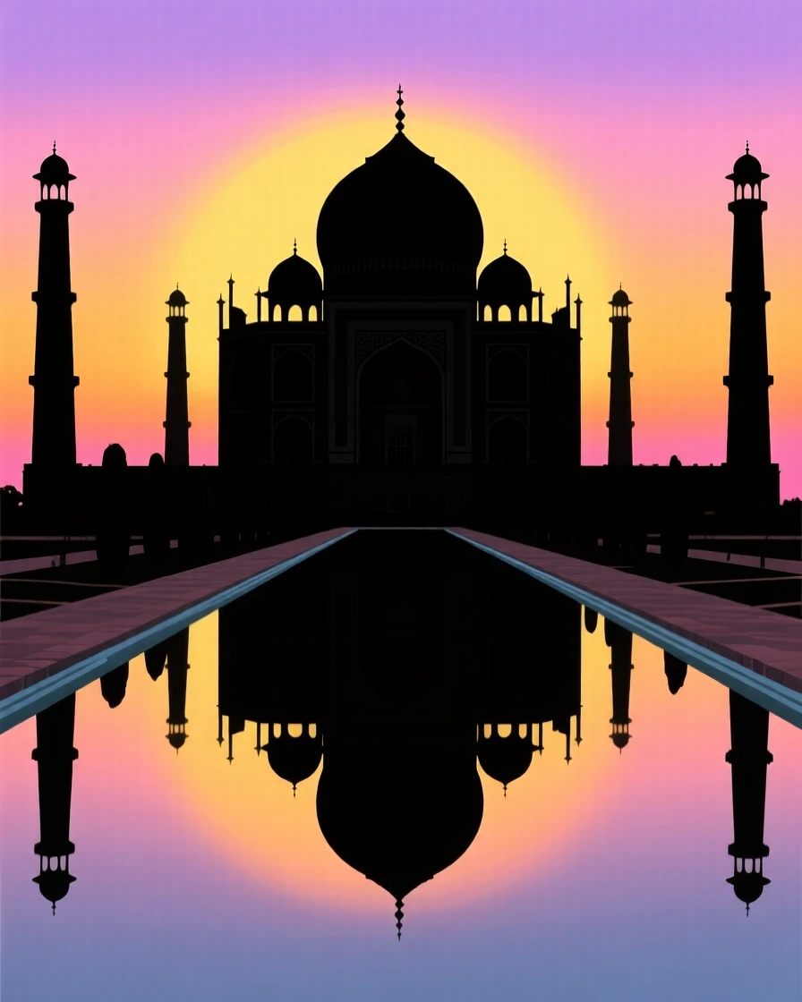 The domes and minarets of the Taj Mahal reflected in a long still pool.