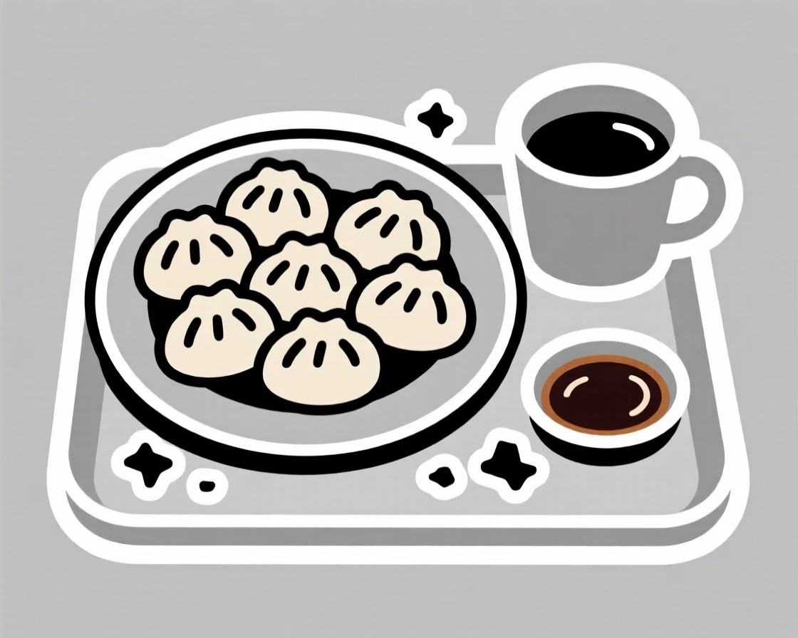 A freshly made plate of fresh dumplings with dipping sauce, surrounded by scattered crumbs, on a tray beside a cup of coffee.