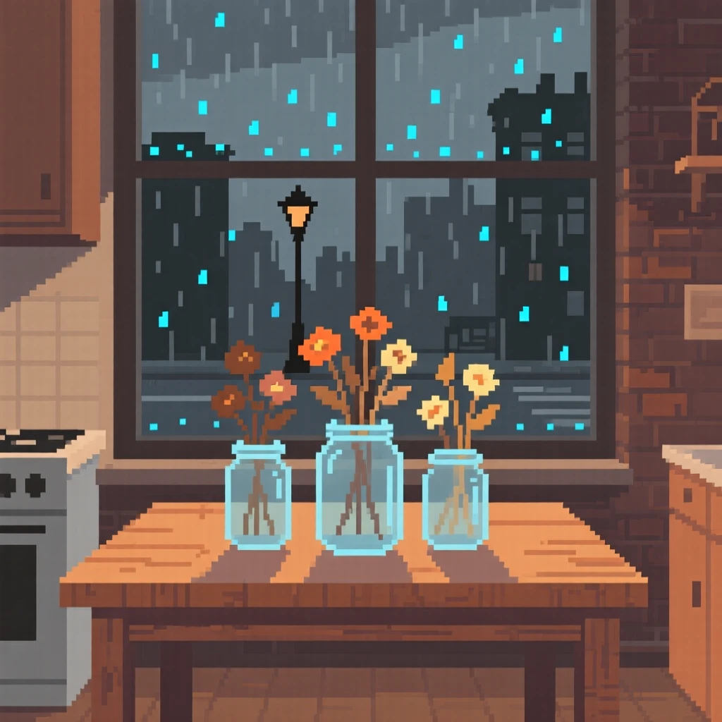 A warm kitchen table decorated with dried flowers in glass jars, in a loft apartment above a rainy street.