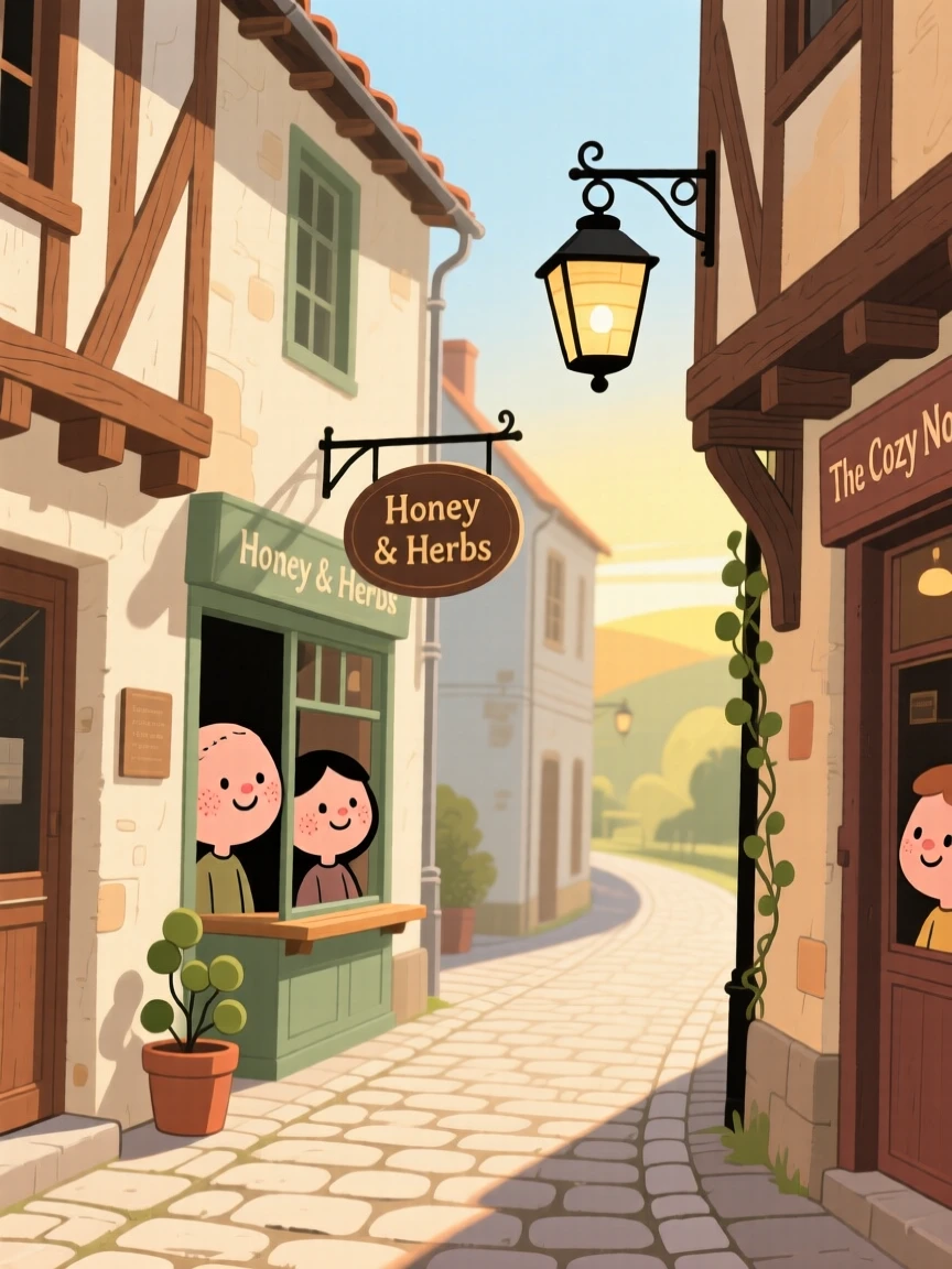 A sunlit alley winds through a small countryside town lined with timber-framed shops and hanging lanterns, quiet in the early morning light.