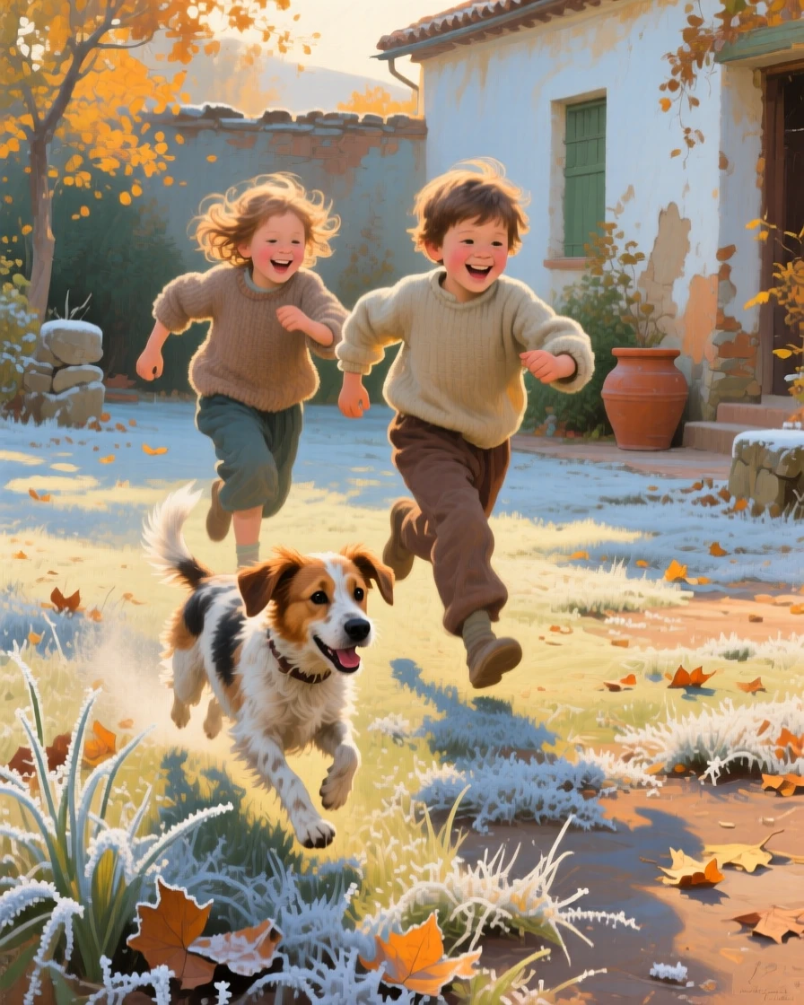 A close-up portrait of children racing their puppy across a sunlit backyard, during the first frost of autumn, in Andalusia.