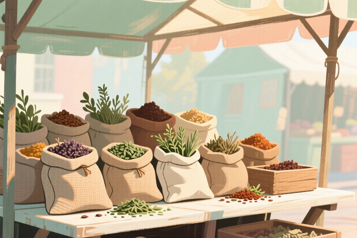 A market stall of dried herbs and spices in small burlap sacks