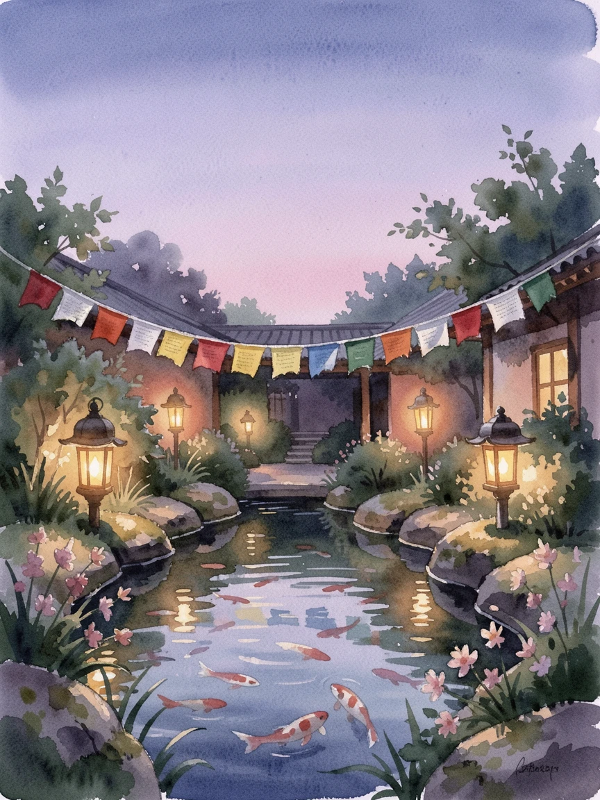 A quiet monastery garden with a koi pond as lanterns are lit at dusk with colorful flags fluttering in the breeze.