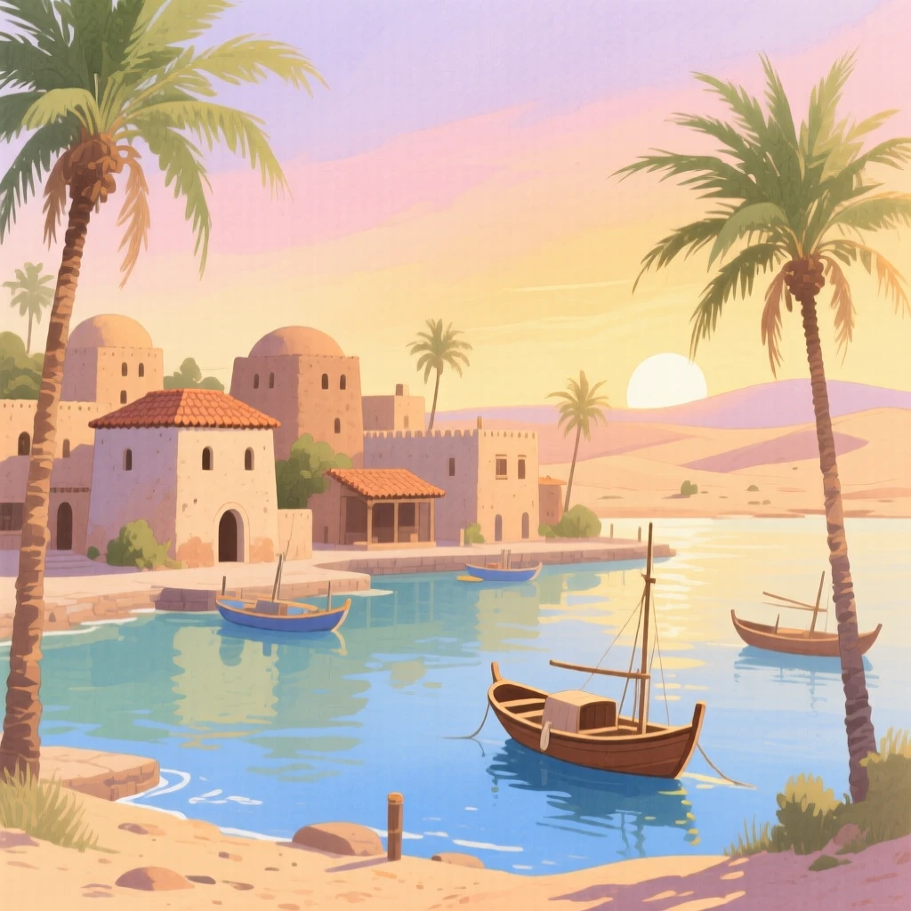 A picturesque view of a desert oasis town with fishing boats bobbing in the harbor, at golden hour