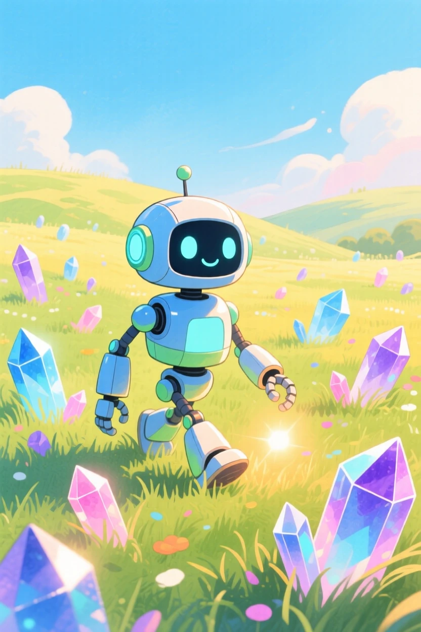 An imaginative scene of a friendly robot exploring a field of glowing crystals.