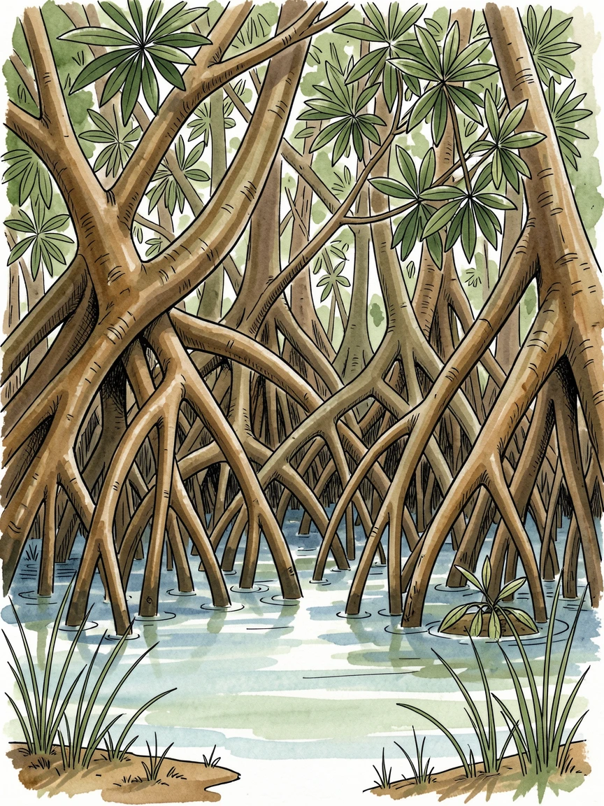 A dense mangrove forest with roots arching into calm tidal water, a gentle breeze rippling through the grass and leaves.