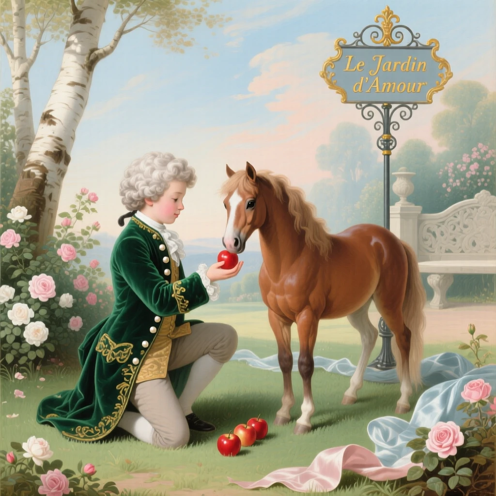 A young boy in a velvet coat feeding apples to a pony  