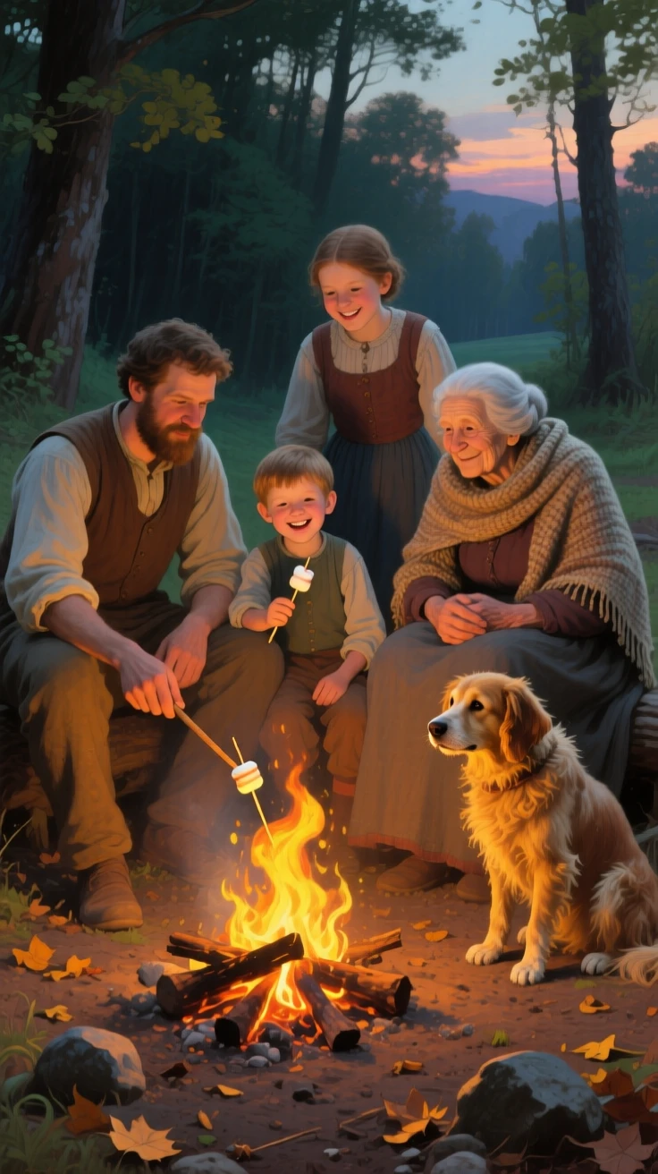 A family gathered around a crackling campfire roasting marshmallows, with a beloved family pet joining in the moment, designed to remind viewers of their own cherished family memories