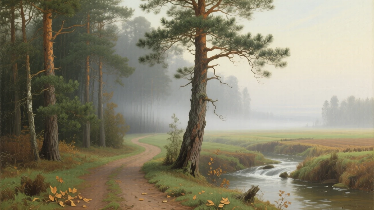 A misty pine forest with a narrow path leading into the unknown alive with the quiet motion of wind and water, set at the edge where cultivated land meets wild nature, with mist curling low along the ground in the cool morning air; a single striking element anchors an otherwise open, breathing composition, filled with calm, restorative beauty.