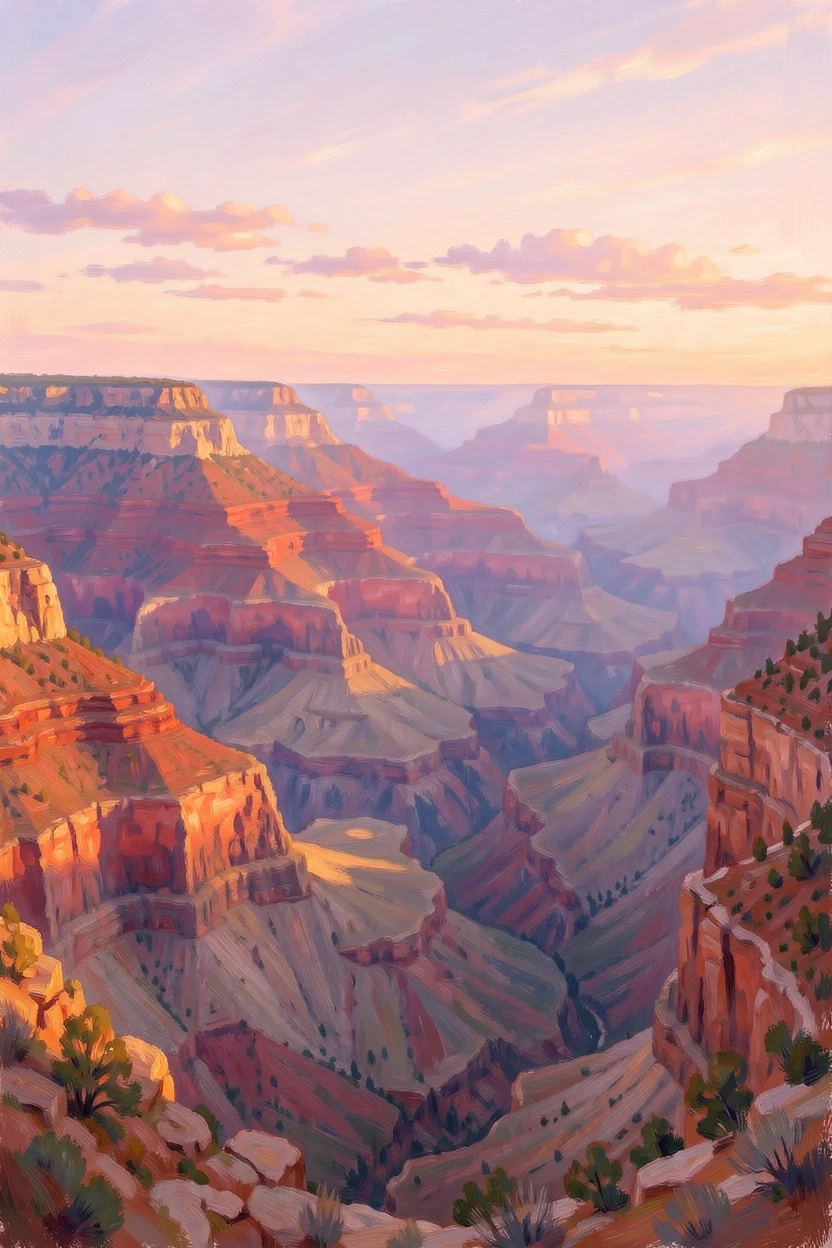 A sweeping vista of the Grand Canyon at sunset, layered rock strata glowing in shades of red and gold.