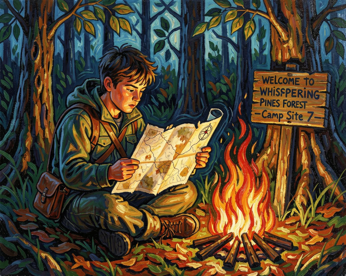 A young explorer studying a worn map by firelight deep in a forest camp.