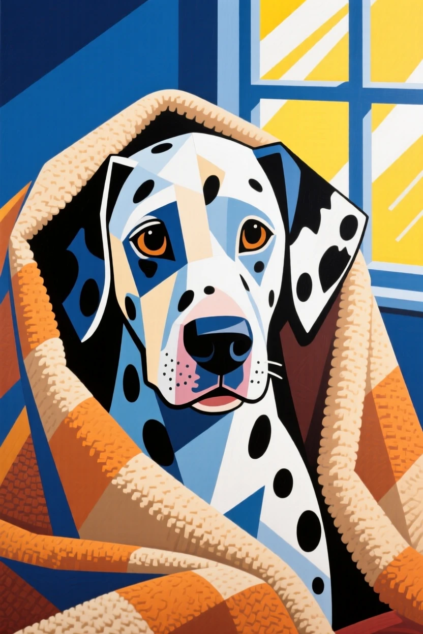 A charming close-up of a spotted dalmatian peeking out from beneath a cozy blanket on a bright afternoon.