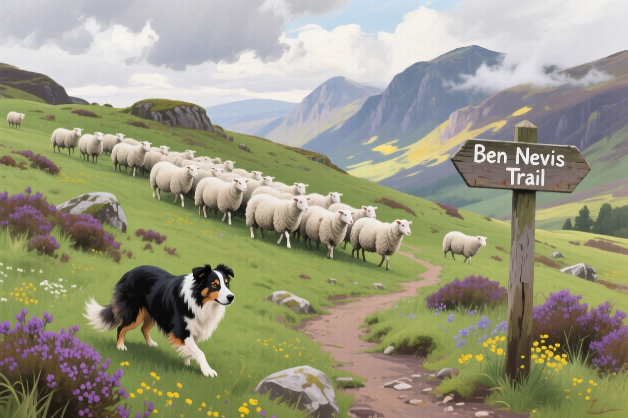 A loyal border collie herds a flock of sheep across a green Scottish hillside, crouched low and focused as clouds drift overhead, the surrounding habitat rendered in enough detail to suggest a specific time and place.