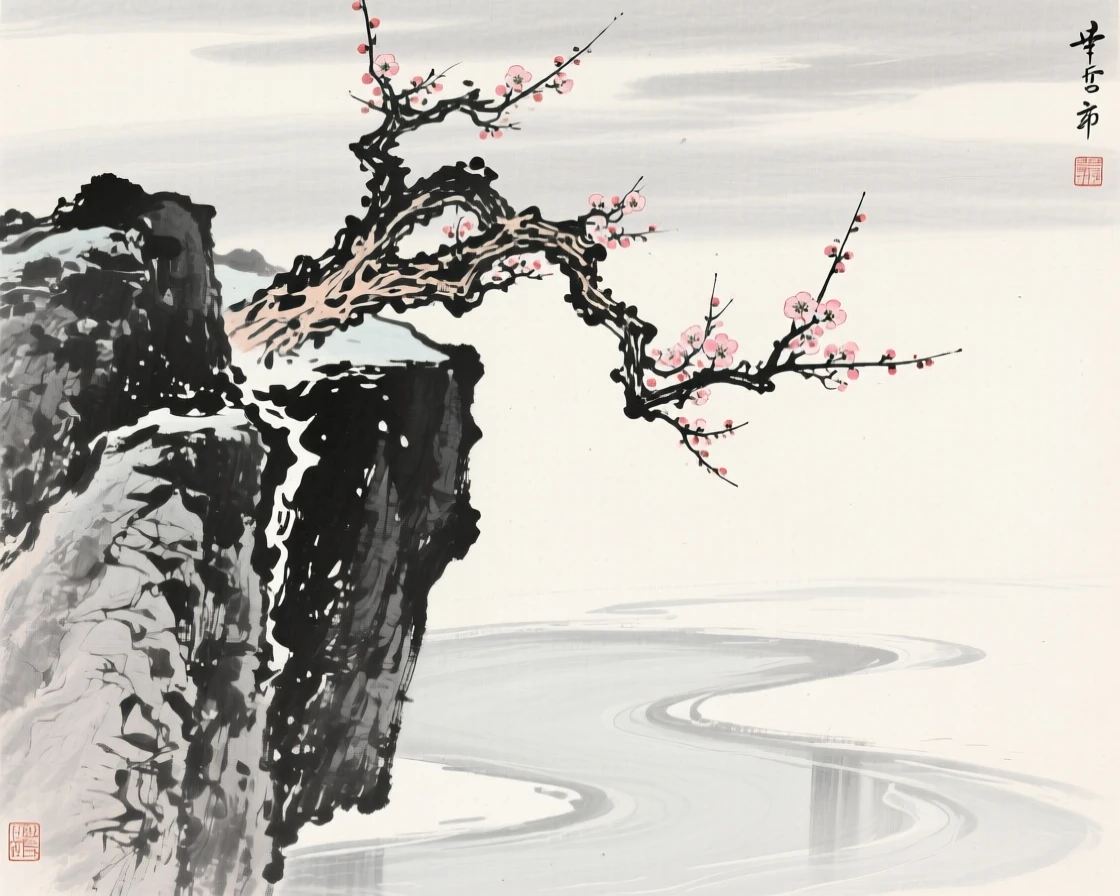 An old plum tree grows from a crack in a rocky cliff, blooming despite the cold, beside a frozen pond reflecting the pale sky.