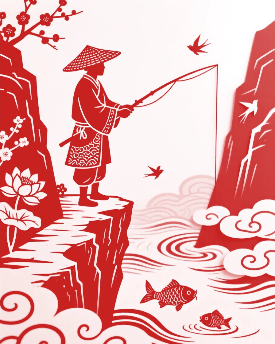 A composition of a fisherman in a straw hat along a cliffside path above the clouds, clouds pooling in the valley like a sea.
