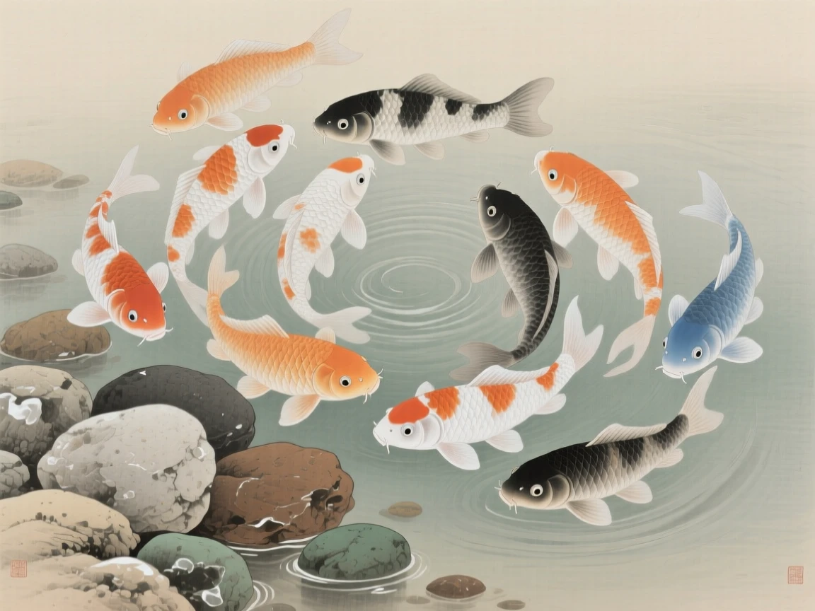 A school of koi fish swimming in circles near a cluster of smooth river stones