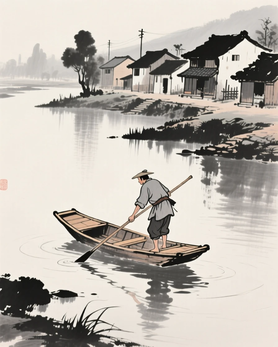 A woodcutter poling a small boat across still water in a small riverside village, composed with soft light falling across the scene, evoking warmth, simplicity, and quiet dignity.