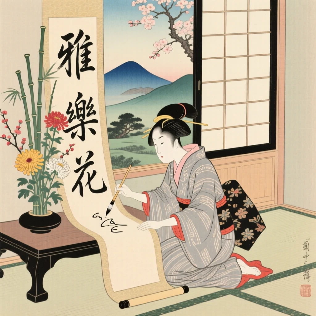 An ikebana flower arranger brushing elegant characters onto a long scroll.