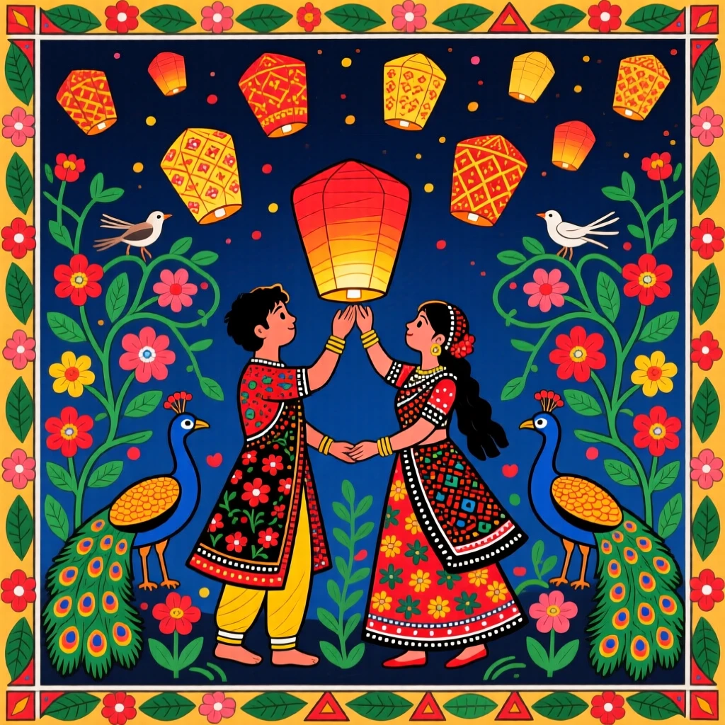 A young couple releasing paper lanterns into the night sky together.
