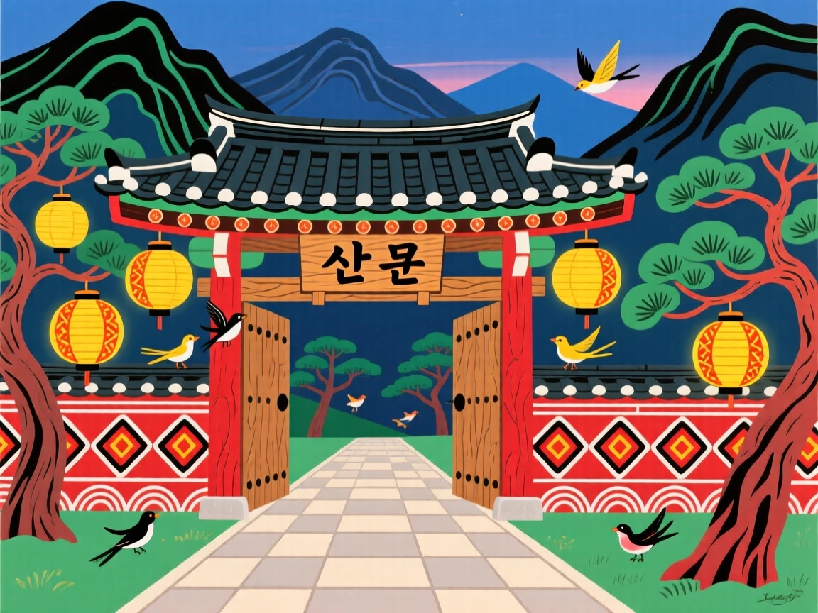 A view of a mountain temple gate, as lanterns are lit for the evening.