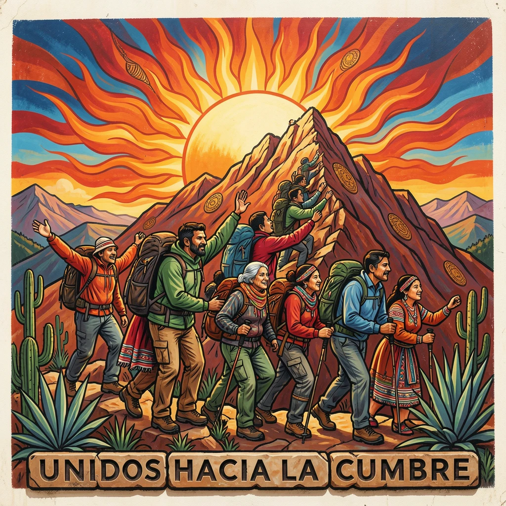 A group of hikers reaching a mountain summit at sunrise